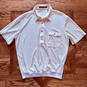 Vintage Alan STUART Mens Cream Textured Knit Polo Shirt Pocket Size L Made USA